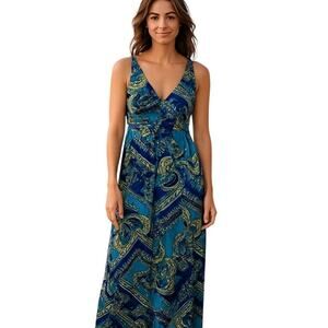 Women's Large Blue  Sleeveless Maxi BOHO Long Sun Dress Miss Size 12 14 L